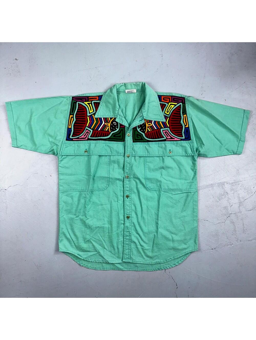 Chacal Tropical VTG Fish Short Sleeve Button Up Shirt L Green Hawaiian USA 80s